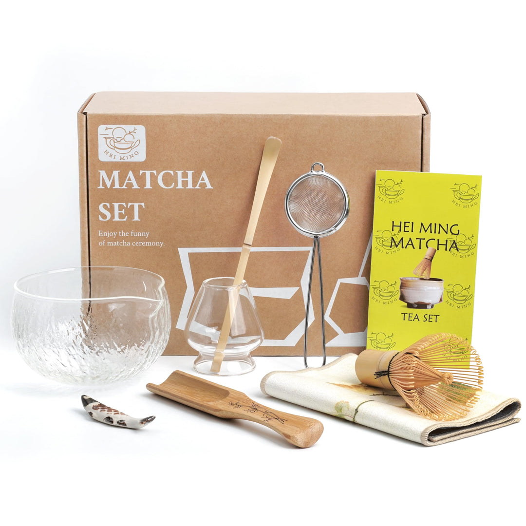 HEI MING Matcha Set hat 8 Teile, Zeremonielles Matcha Tee Set, Glas Matcha Schale und handgemachter