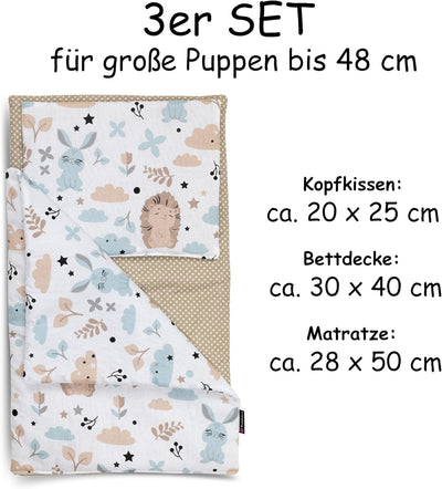 PinkZebra 3-teilig Puppenbettwäsche für grosse Puppen bis 48 cm, Decke + Kissen + Matratze, Puppenbe