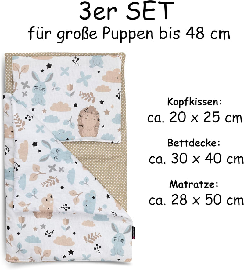 PinkZebra 3-teilig Puppenbettwäsche für grosse Puppen bis 48 cm, Decke + Kissen + Matratze, Puppenbe