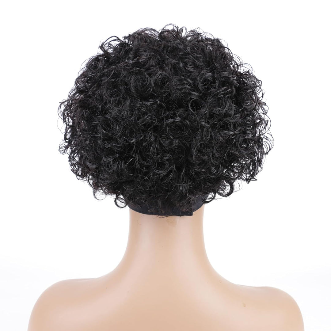 Huarisi Short Curly Pixie Cut Wigs for Women Glueless Human Hair Black Headband Bob Wig None Lace We