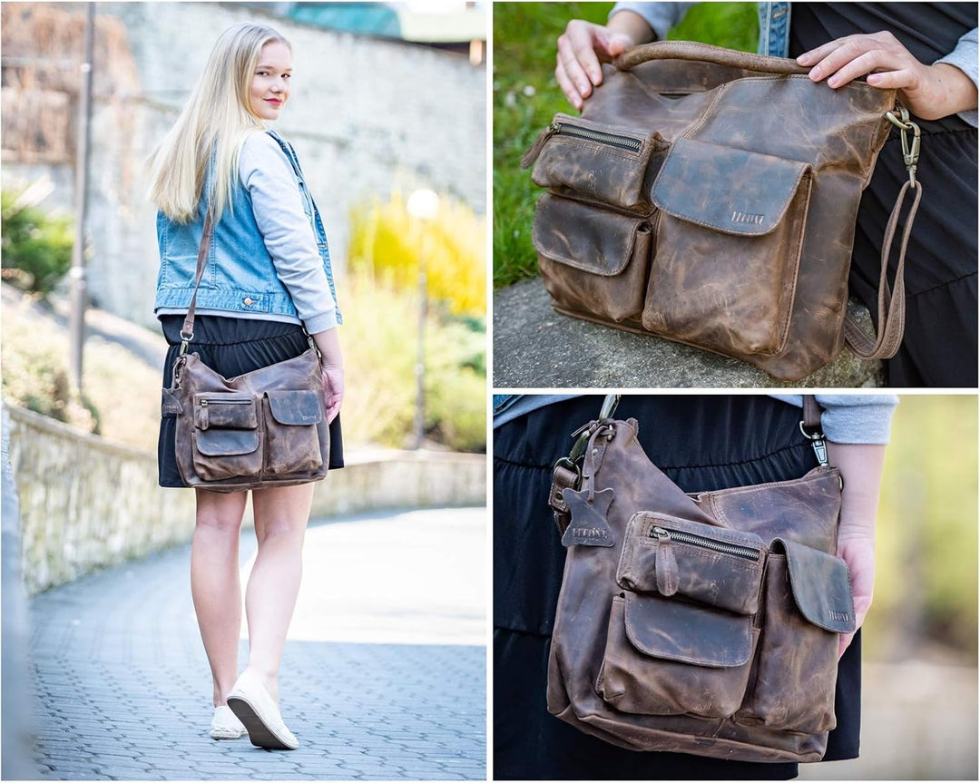LECONI Schultertasche Ledertasche für Damen Vintage-Look echtes Leder Natur grosser Shopper Lederhan