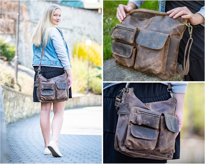 LECONI Schultertasche Ledertasche für Damen Vintage-Look echtes Leder Natur grosser Shopper Lederhan