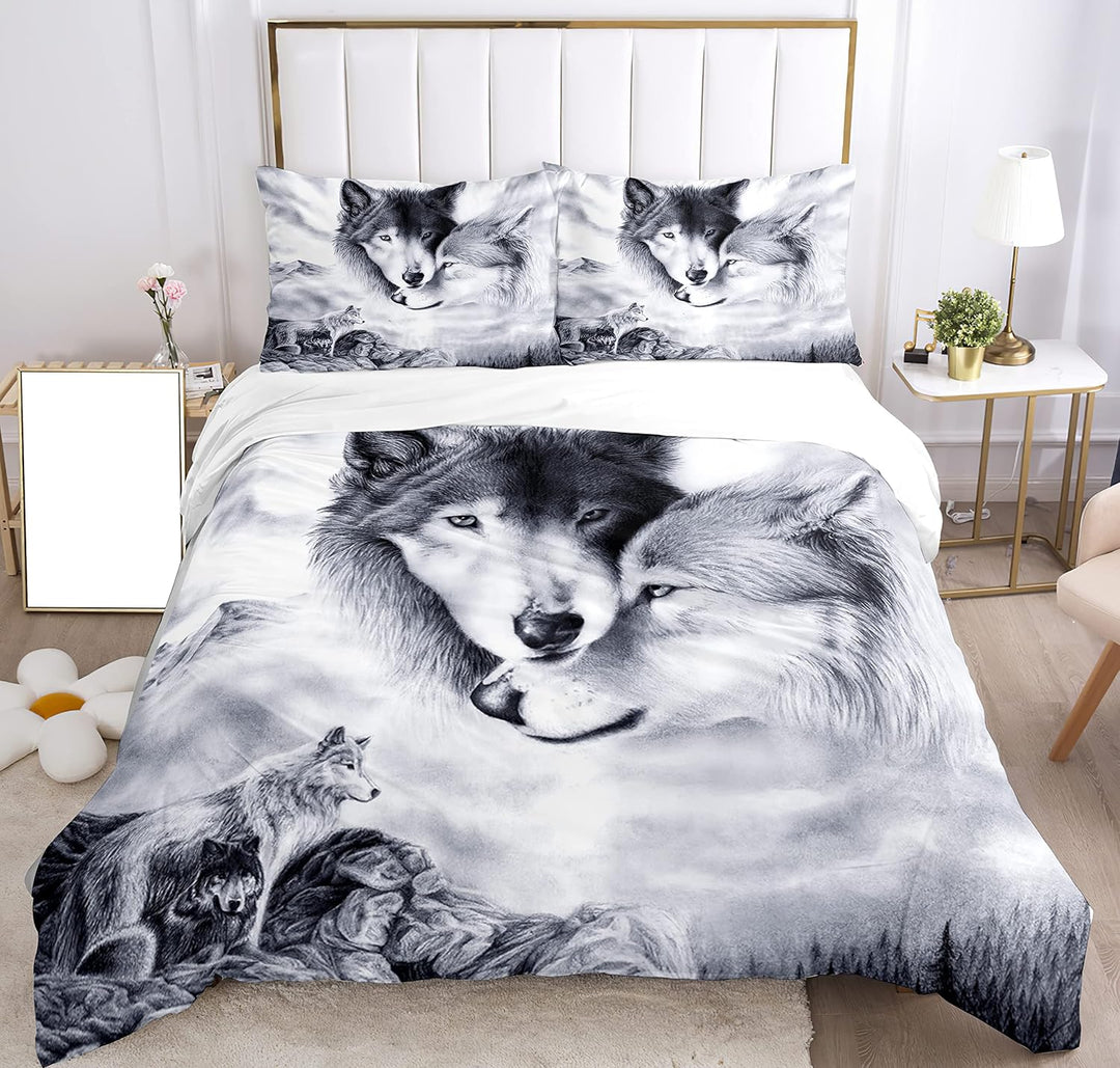 SHUAIG Bettwäsche Set Wolf, 3D WolfTheme Muster Bettbezug,Traumfänger Drucken 3 Teilig,Microfaser Be