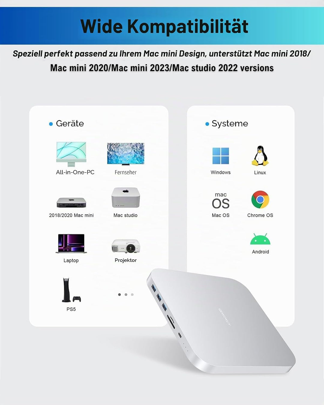 Mac mini Dock, USB-C Dockingstation mit Dual SSD Gehäuse, passend für 2,5 Zoll SATA HDD und NVMe M.2