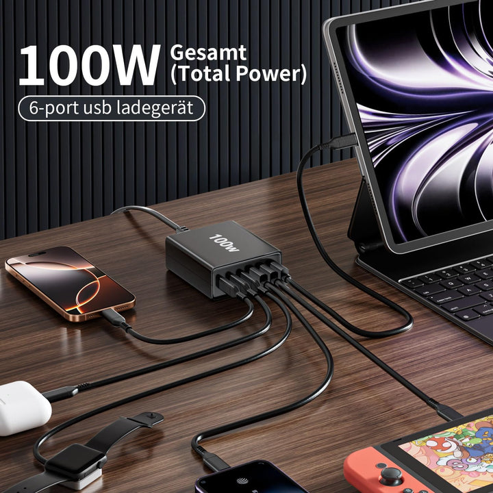 USB C Ladegerät Mehrfach: 100W 6-Port Schnellladegerät mit USB-C und USB-A, Tragbarer netzteil für i