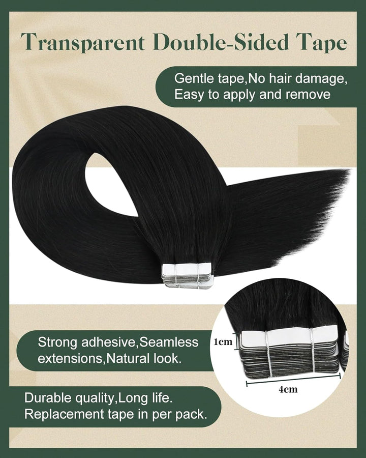 Ugeat Schwarz Unsichtbares Tape Extensions Echthaar 45cm Echthaar Extensions Tape 50Gramm Klebeband