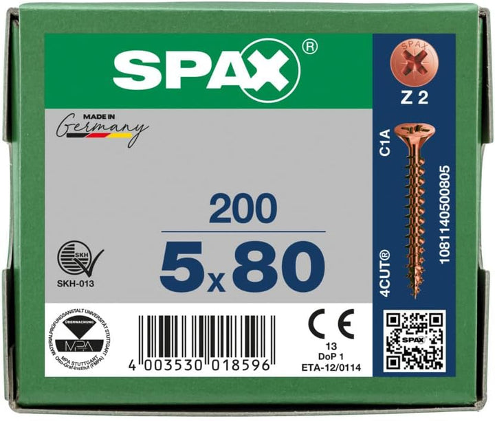 SPAX Universalschraube, 5,0 x 80 mm, 200 Stück, reuzschlitz Z2, Senkkopf, Teilgewinde, 4CUT, Brünier