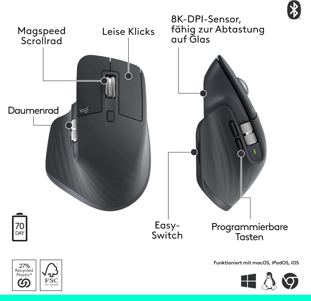 Logitech MX Master 3S 2025 – Bluetooth Kabellose Hochleistungs-Maus, ultraschnelles Scrollen, Ergo,