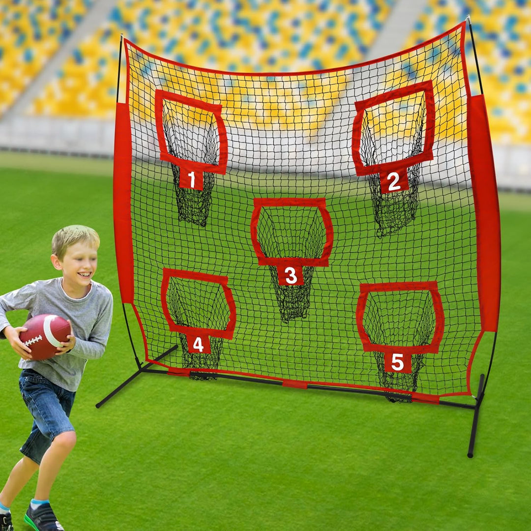 Rugby Wurfnetz 2.13x2.13m, Fussballtrainer mit 5 Zieltaschen, Quarterback Trainingsnetz für Wurfgena