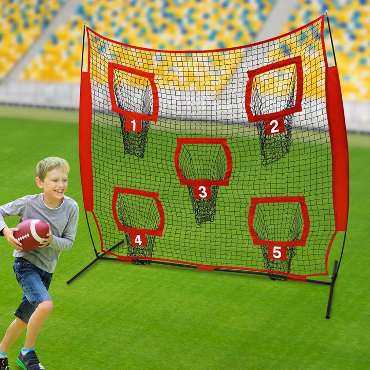 Rugby Wurfnetz 2.13x2.13m, Fussballtrainer mit 5 Zieltaschen, Quarterback Trainingsnetz für Wurfgena