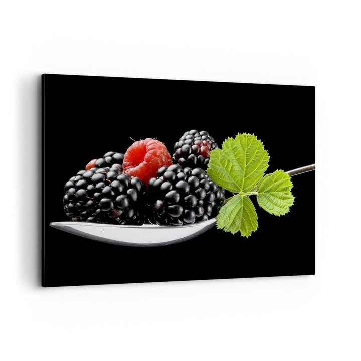 Bilder auf Leinwand 100x70cm Leinwandbild Löffel Himbeere Brombeere Frucht Gross Wanddeko Bild Schla