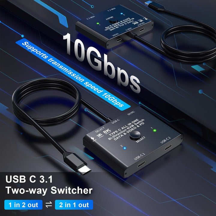 USB C Switch 2 PC 8K@60Hz 4K@120Hz, Bidirektionaler USB C Switcher für 2 PCs, 2 in 1 out/1 in 2 out,