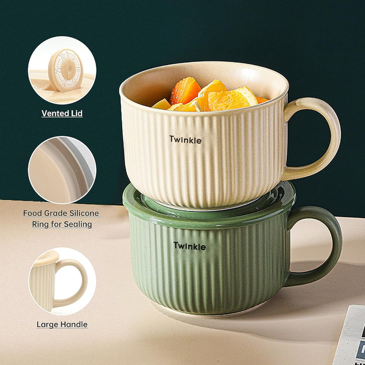 Keramik Suppenschalen mit Griff und Deckel, 750 ml Grosse Suppentasse für Suppe, Instant-Nudel, Müsl