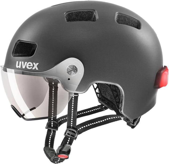 uvex rush visor - leichter City-Helm für Damen und Herren - mit Visier - inkl. LED-Licht - dark silv
