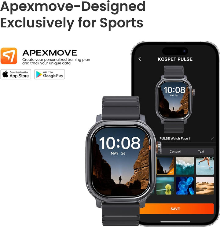 KOSPET Smartwatch Herren, 1,96" AMOLED, Anrufannahme, Gesundheitscheck per Fingertipp, Schlaftracker
