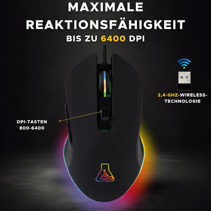 THE G-LAB Kult Helium USB-Gamer-Maus mit Kabel - Optischer Sensor mit 800 bis 6400 DPI, 7-farbige LE