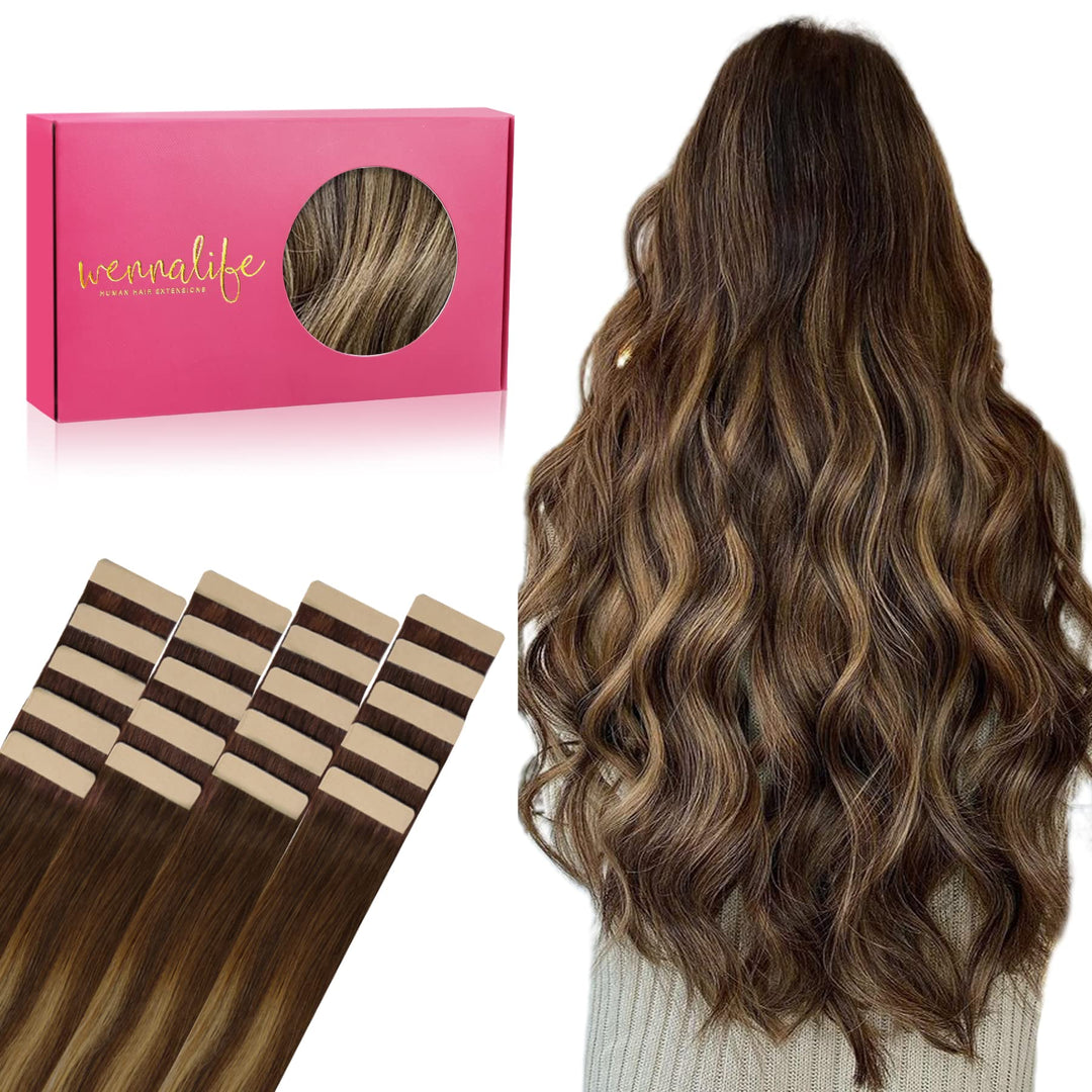 WENNALIFE Tape Extensions Echthaar, 20pcs 40g 30cm 12 Zoll Balayage Schokoladenbraun bis Karamellblo