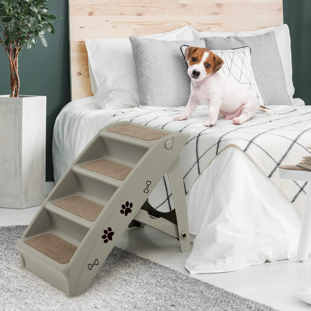 COSTWAY 4-stufige Haustiertreppe mit Teppichboden, Hundetreppe Kunststoff Katzentreppe faltbar, Hund