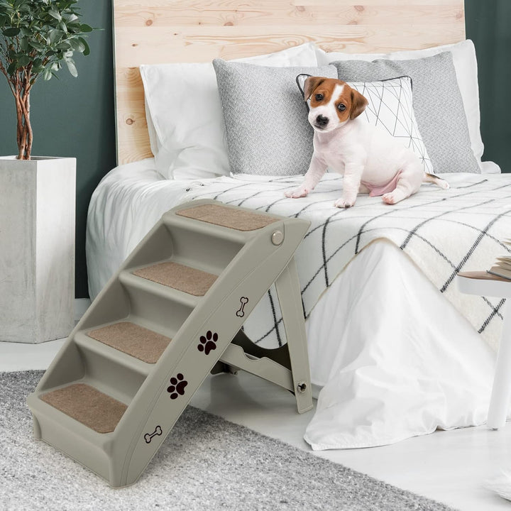 COSTWAY 4-stufige Haustiertreppe mit Teppichboden, Hundetreppe Kunststoff Katzentreppe faltbar, Hund