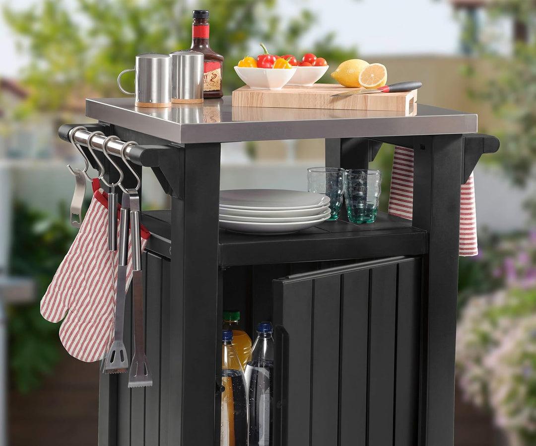 Grilltisch mit Edelstahlserviceplatte, anthrazit, 150 Liter Stauraum - EIN multifunktionale Helfer,