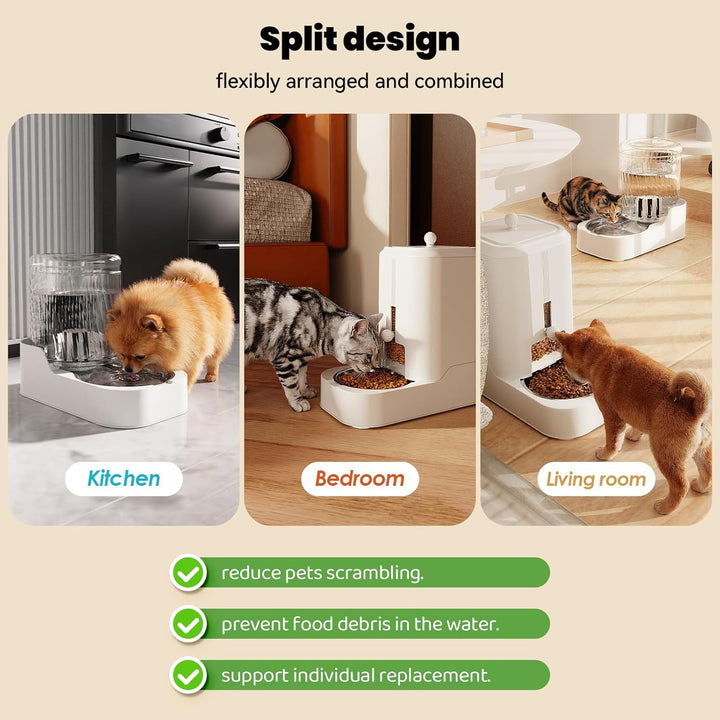 JUNSPOW Automatischer Katzenfutterspender Hund Wassernapfspender Set mit Edelstahlnapf, Einstellbare