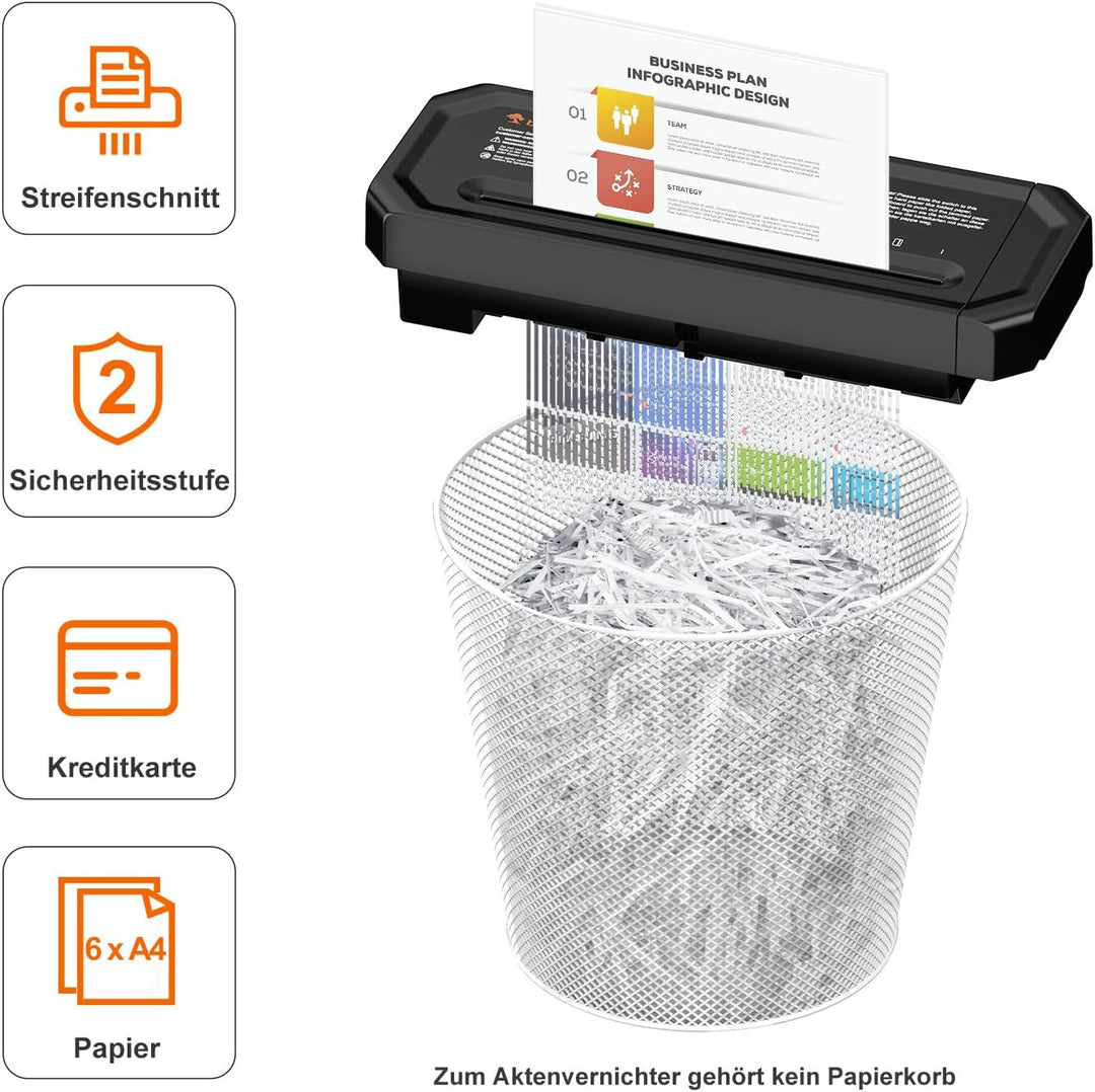Bonsaii Aktenvernichter, 6-Blatt Streifenschnitt für Homeoffice, inklusive Kreditkartenvernichtung,