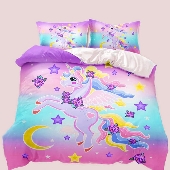 AOXHFNV Einhorn Mädchen Rosa Bettwäsche Set 135x200cm Süsser Einhorn-Stern-Mond-Muster Bettbezug Ein