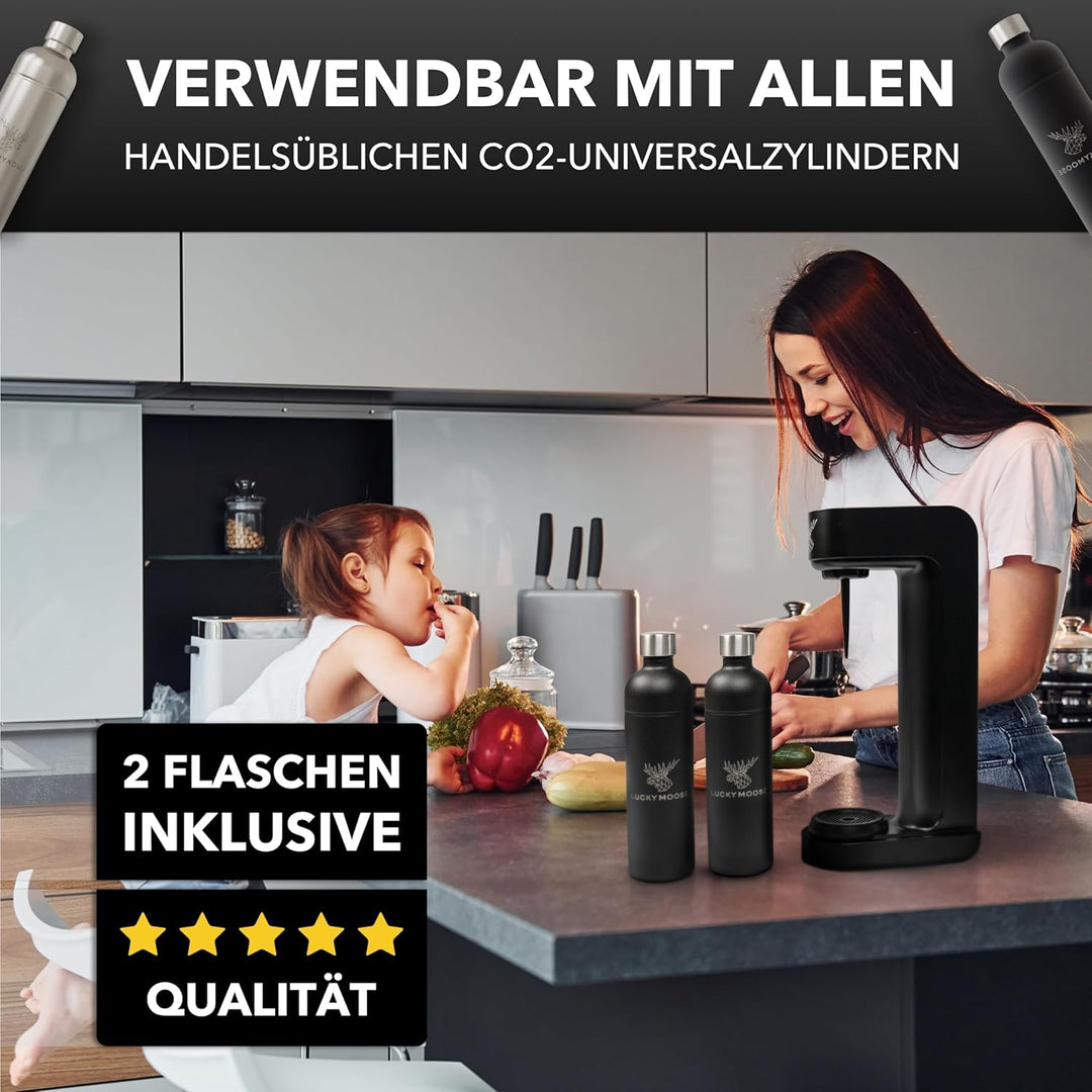 Luckymoose® Infinity Wassersprudler mit 2x 1,25L Edelstahlflaschen - Spart bis zu 25% CO2 dank Stopp