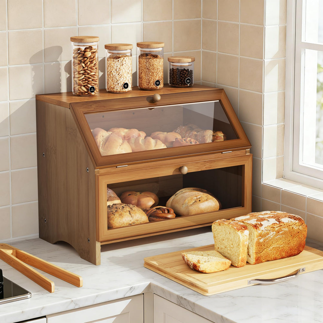 Pamapic Brotkasten Bambus, Brotkorb mit Schneidebrett, 2 Etagen Brotbox mit Brotzange, Brotaufbewahr
