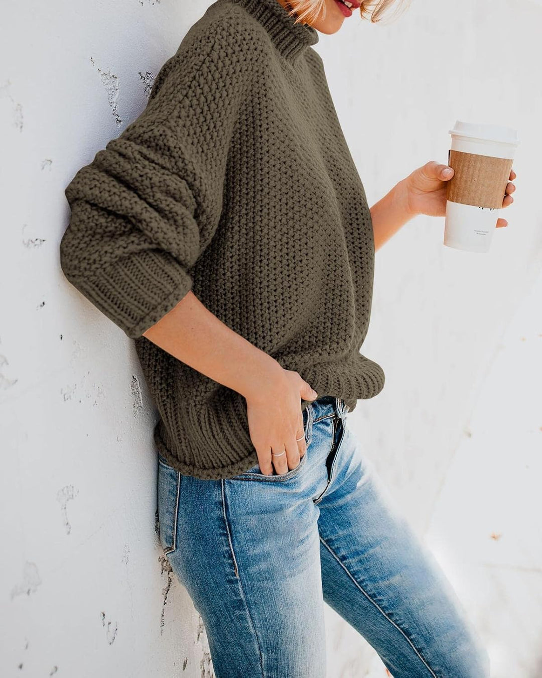 Saodimallsu Damen Pullover Rollkragen Oversized Fledermaus Langarm Sweatshirt Lose Grobstrick Casual