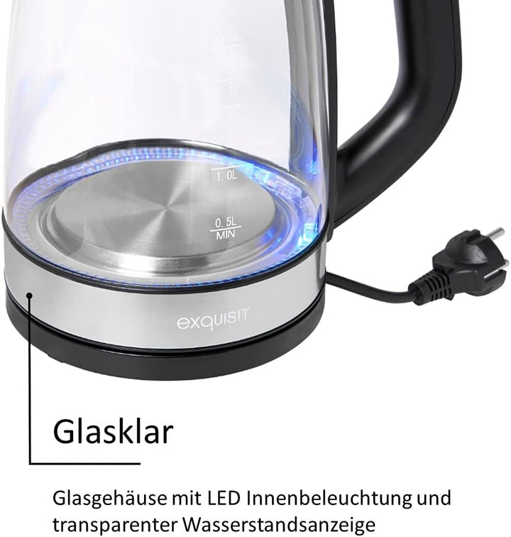 Exquisit Glas Wasserkocher WK 3501 swg | Elektrischer Wasserkocher 2 Liter | 2200 Watt | Innenbeleuc