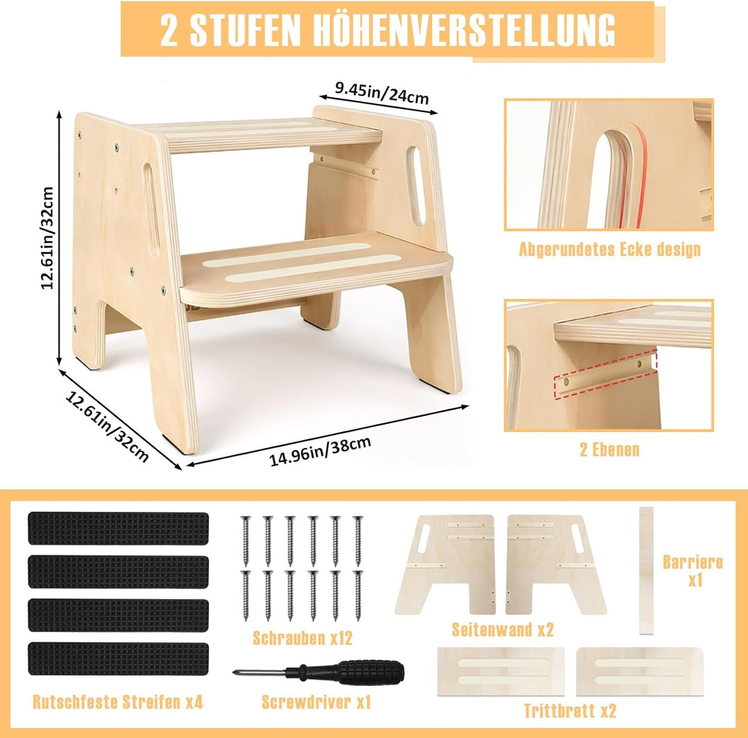 Tritthocker Kinder 2 Stufen – rutschfest, Holz mit Griff, Stabiler Hocker, Tragfähigkeit bis 150kg –