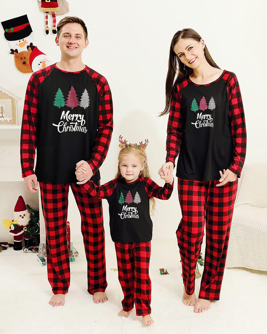 Weihnachten Familie Pyjama Set Schlafanzug Elch Rotes Kariertes Schlafanzüge für Vater Mutter Kinder
