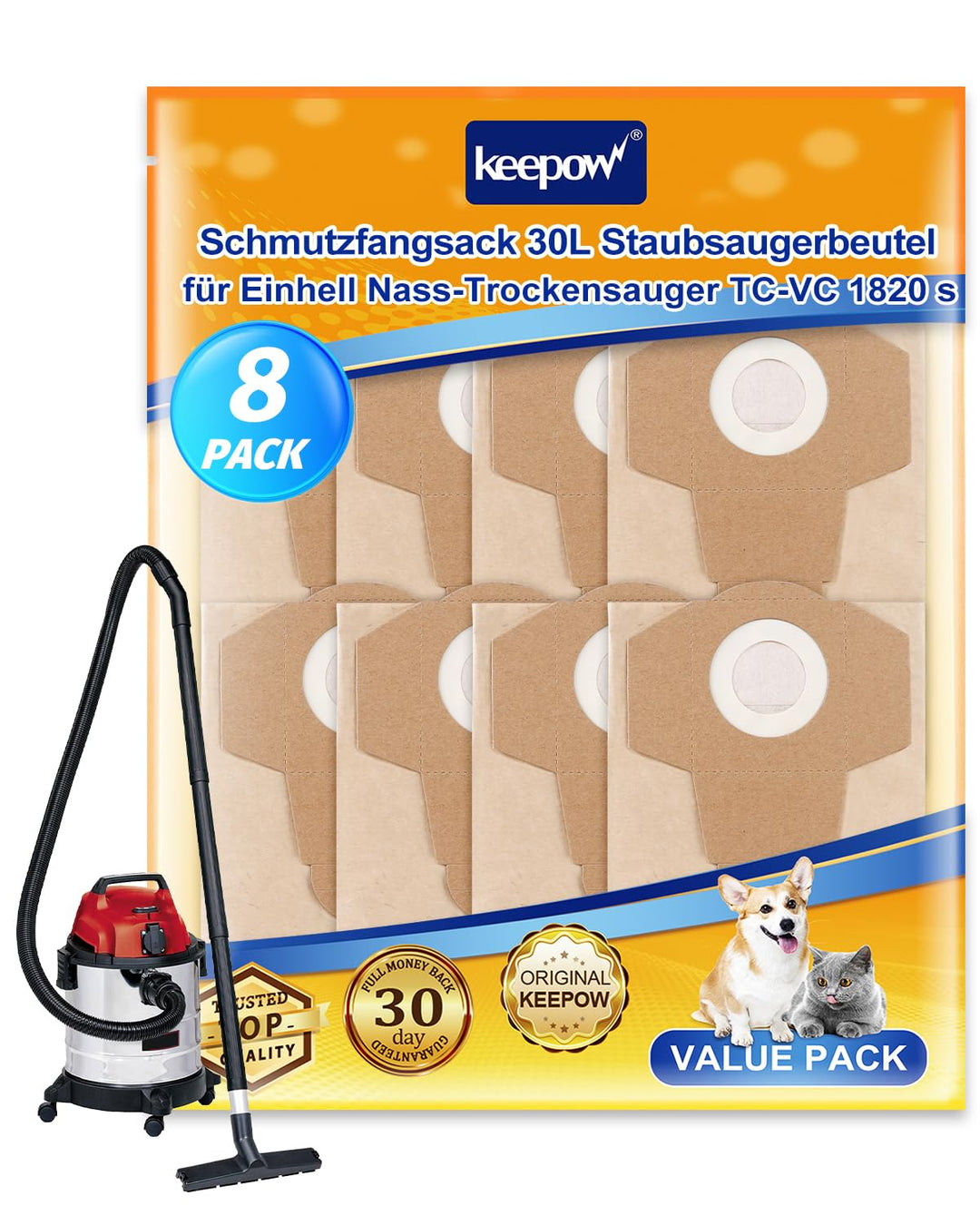 KEEPOW 8 Stück Schmutzfangsack 30L Staubsaugerbeutel für Einhell Nass-Trockensauger TC-VC 1820S 1820