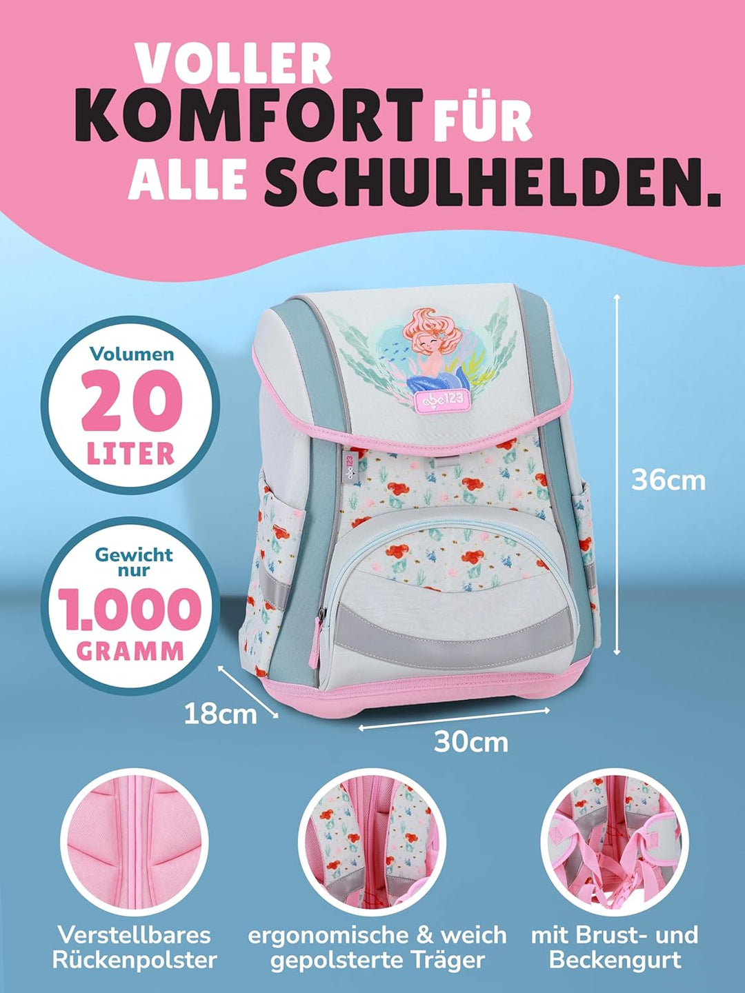 Familando - Schulranzen Set 5-teilig - Rosa Meerjungfrau (Meermaid) - Ergonomisch, stabil & mit gepo