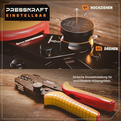 BAURIX® Crimpzange mit 6 Wechselbacken &amp; Abisolierzange inkl. 700 Kabelschuhe fur 0,5–6 mm² Kabel –