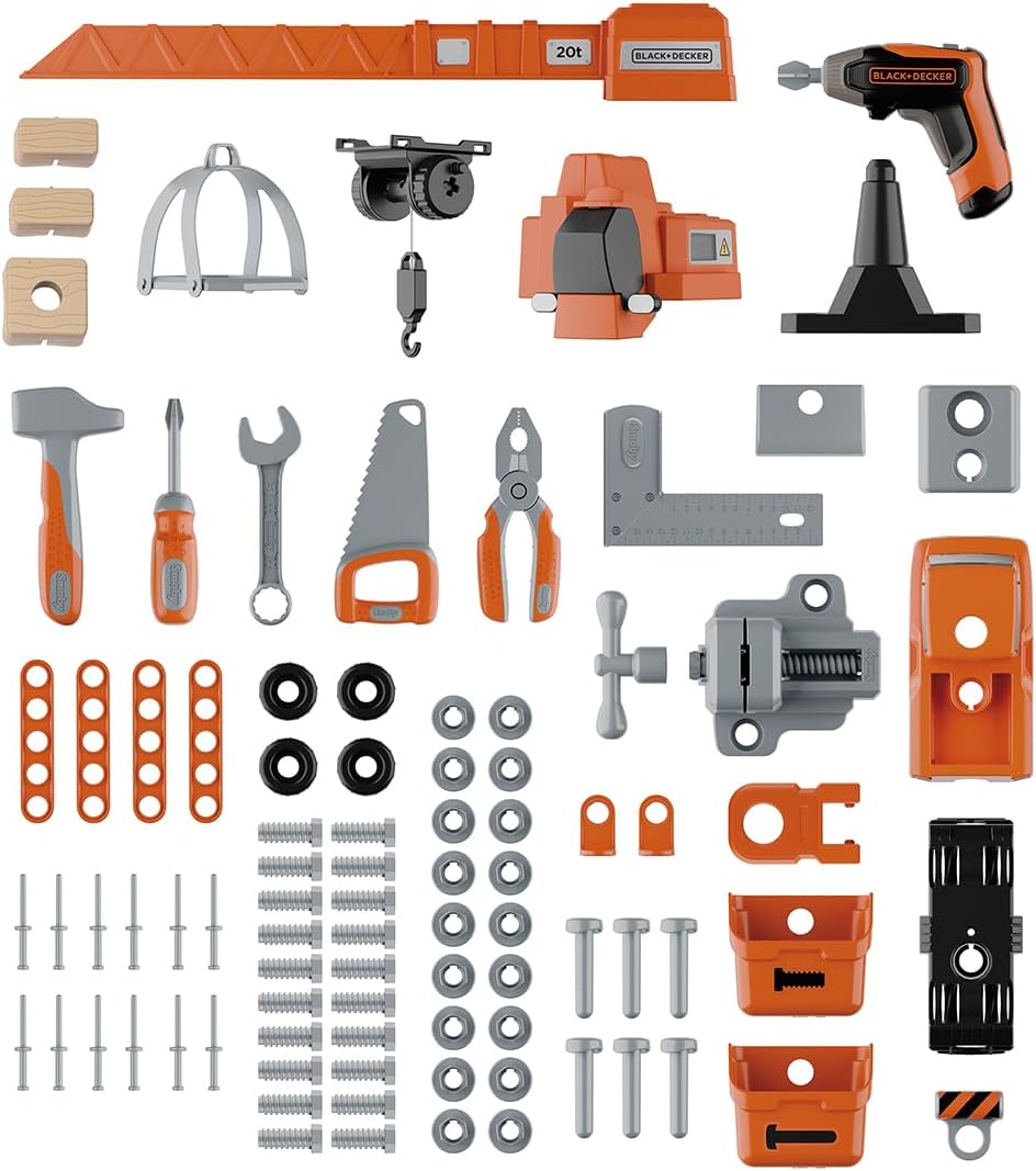 Smoby – Black+Decker Kinderwerkbank mit Kran – 87 Zubehörteile inkl. 7 Werkzeuge wie Säge, Schraubst