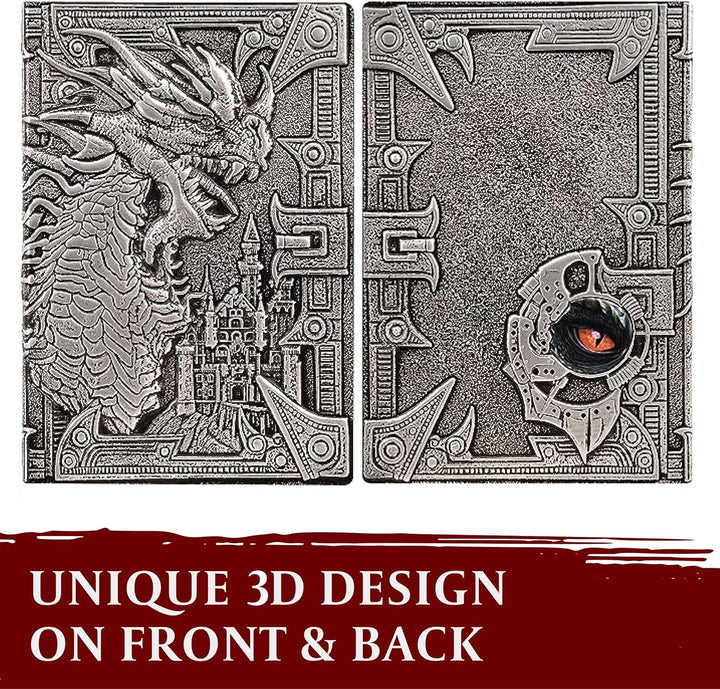 D&D Notizbuch – RPG Journal/Notebook mit 3D Silberner Drache Motiv im Kunstledereinband mit Stift. N