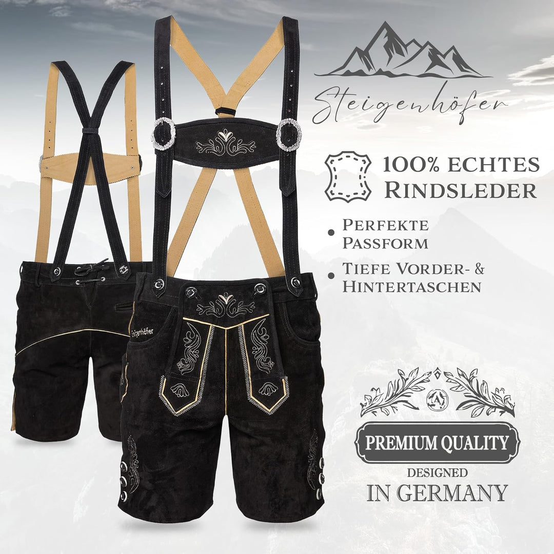STEIGENHÖFER Lederhose Herren Tracht kurz - Anton - Trachtenhose mit Trägern - 100% Rindsleder - Tra