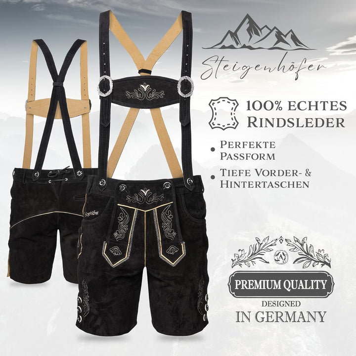 STEIGENHÖFER Lederhose Herren Tracht kurz - Anton - Trachtenhose mit Trägern - 100% Rindsleder - Tra