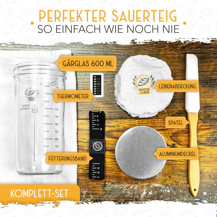 KRUSTENZAUBER 2er Set Gärkörbchen & 600ml Sauerteig Starter Set im Vorteilspack - Gärkörbe aus Ratta