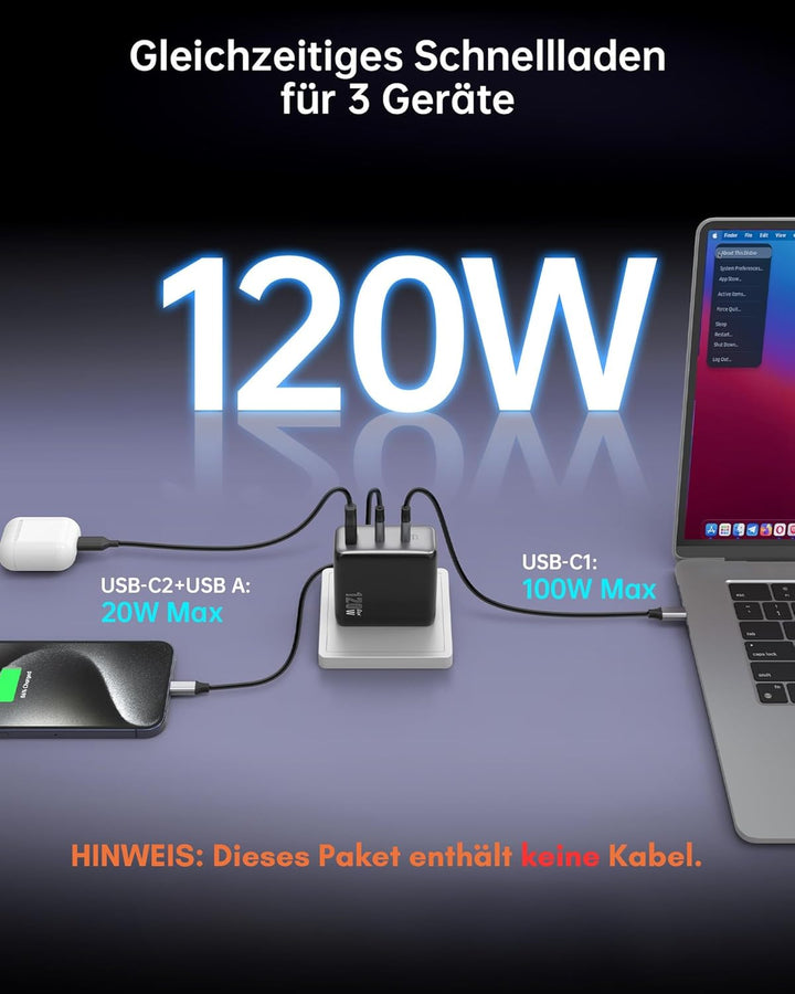 120W USB C Ladegerät NOVOO GaN Ⅲ Charger Schnellladegerät 3-Port USB C Netzteil MacBook Charger Komp