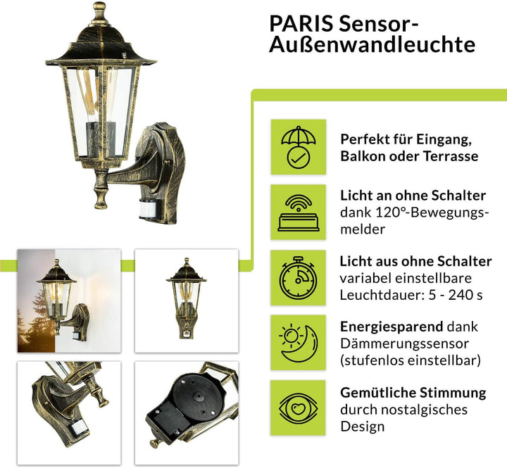 Licht-Erlebnisse Aussenwandleuchte mit Bewegungsmelder Glas Aluminium in Gold Antik IP44 Balkon B:17