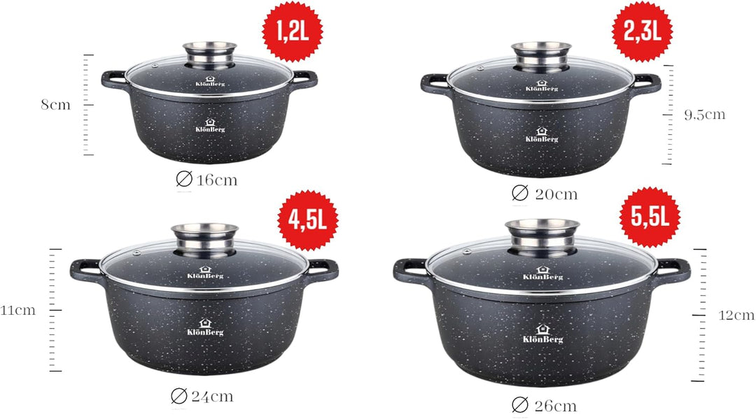 Induktions-Topfset, Aluguss-Topf mit Antihaftbeschichtung, Topfset mit Glasdeckel für alle Herdarten
