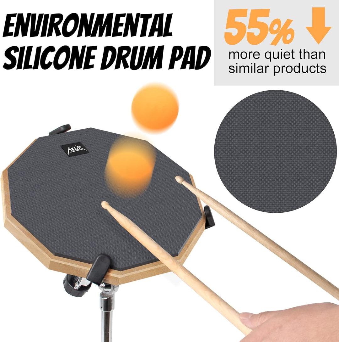 Drum Practice Pad Set AKLOT 12" Kieselgel Übungspad mit Snare Ständer Rucksack Drumsticks für erwach