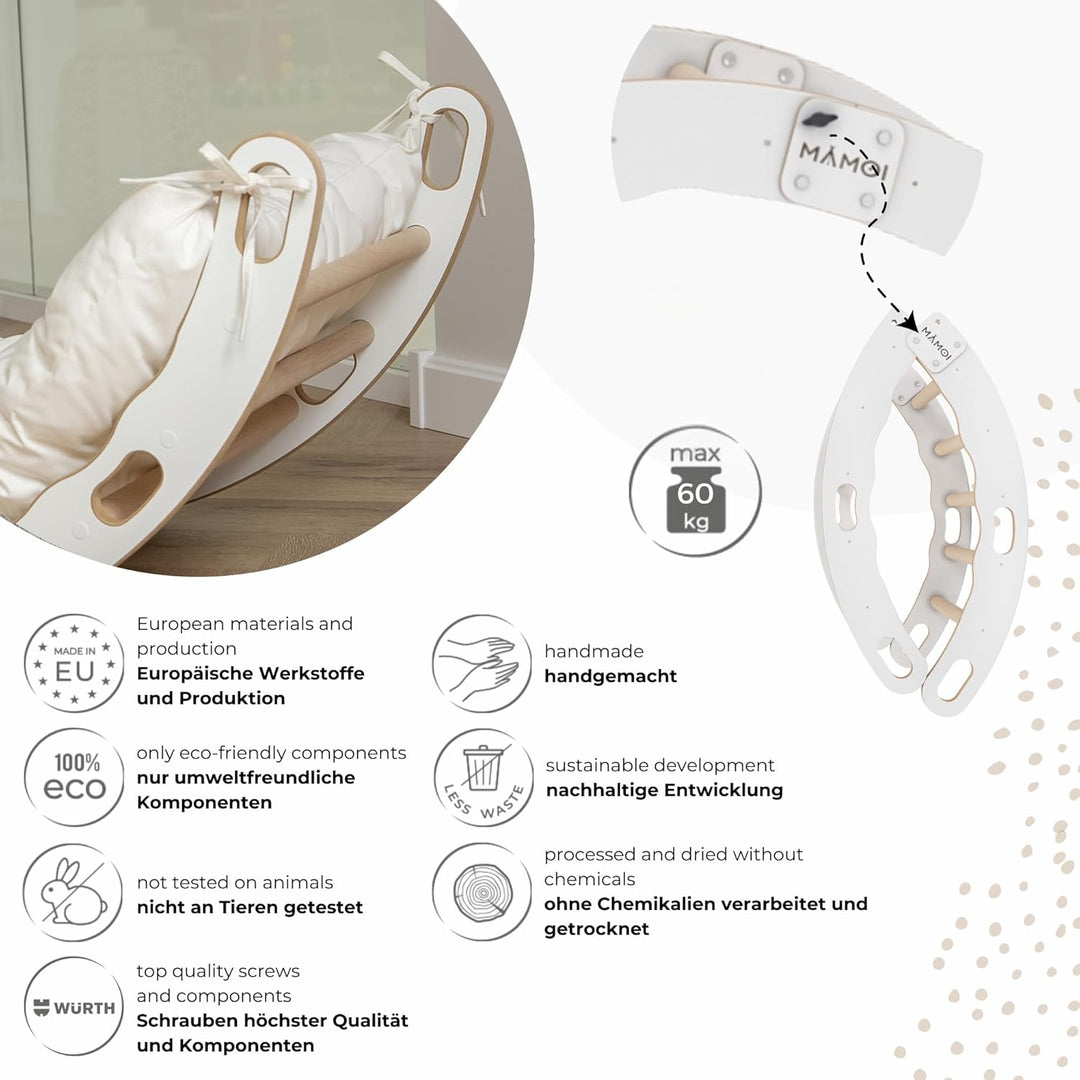 MAMOI® Kletter-Dreieck | Holz Klettergerüst Indoor | Kletterbogen mit Matte | Regenbogenwippe Holz |