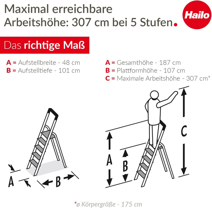 Hailo L84 ComfortLine Alu-Sicherheits-Stehleiter - 5 XXL-Stufen belastbar bis 150 kg - Tiefe Standfl