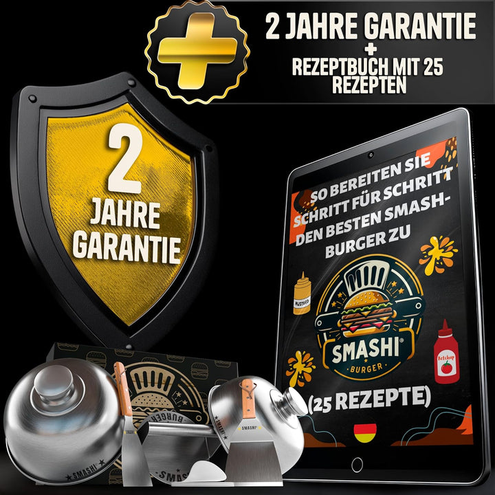SMASHI® Smash Burger Set mit Holzgriffen – Grillzubehör aus Edelstahl 304 Burgerpresse, 2 Spachteln