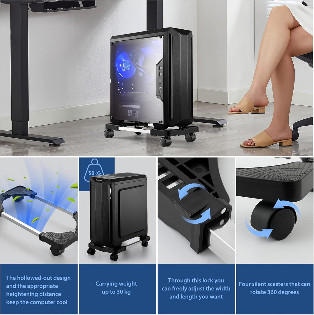 Hmseng PC Ständer für PC-Tower, Computer Desktop Ständer, Universal verstellbare CPU Ständer mit Rol