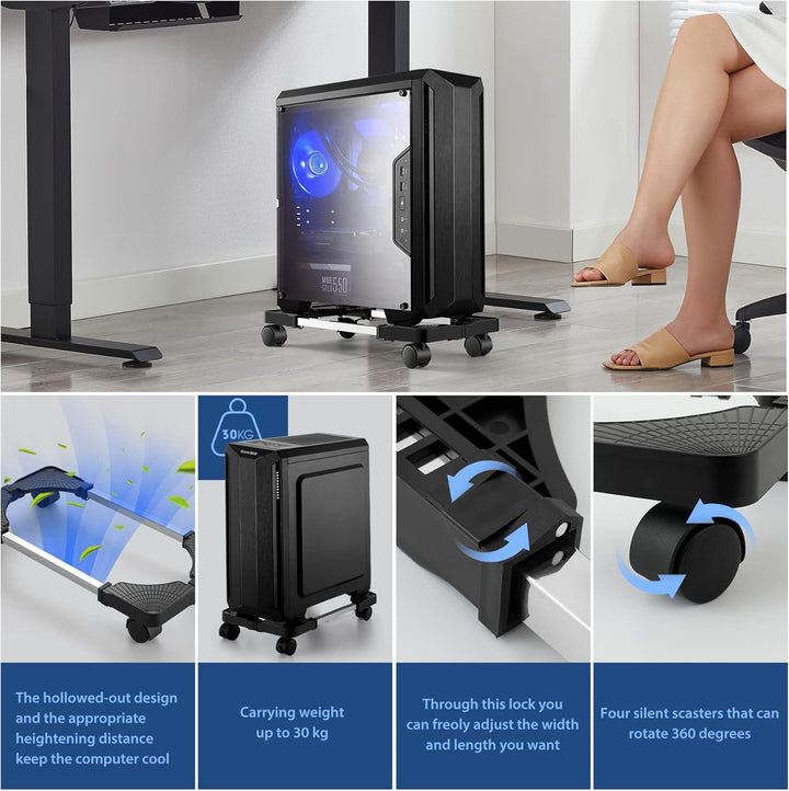 Hmseng PC Ständer für PC-Tower, Computer Desktop Ständer, Universal verstellbare CPU Ständer mit Rol
